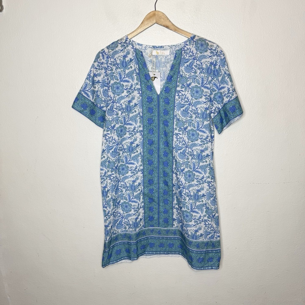 New Bindu Nola Dress Blue Garden Floral Green V-neck Cotton Womens Small